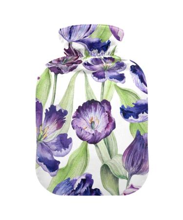 Hot Water Bottles with Cover Tulips Flowers Purple Hot Water Bag for Pain Relief Period Cramps Feet and Bed Warmer 2 Liter
