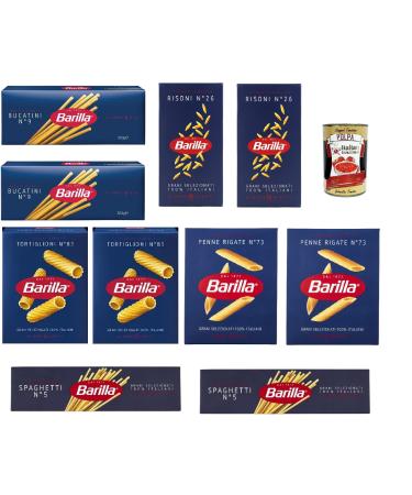 Italian Gourmet E.R. Barilla Essential Lot of 10 spaghetti Bucatini Penne rigate Risoni Tortiglioni 10 x 500 g + Polpa Gourme italienne 400 g