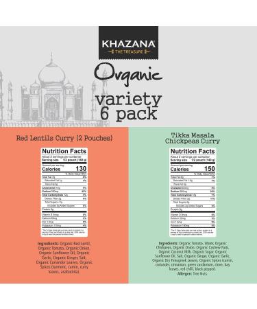 Khazana Organic Ready to Eat Indian Meals Variety Pack | 6 x 10oz Pouches | Non-GMO, Vegan, Gluten-Free & Kosher | Authentic Cuisine in 90 Seconds - Buy Online on GoSupps.com