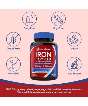 Doctor's Recipes Iron Supplement for Women 65 mg Iron Bisglycinate w/Vitamins C B6 Folic Acid & B12 Beet Root & Spinach Energy Production & Blood Health Stomach Friendly 30 Vegan Capsules - Buy Online on GoSupps.com