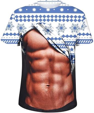 Funny Christmas T-Shirts for Adults - Novelty 3D Fake Abs Print Muscle Tee - Light Blue - Size Large - Buy Online on GoSupps.com