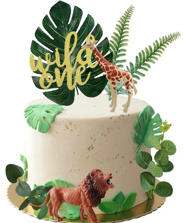 Realistic Safari Jungle Animals Cake Toppers with Palm Leaf & Eucalyptus Leaves - Wild Themed Birthday & Baby Shower Party Decorations (Wild One) - Buy Online on GoSupps.com