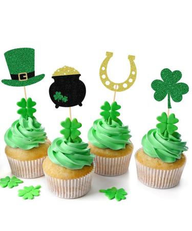UXYOKM 24Pcs St Patricks Day Cupcake Toppers Glitter Clover Horseshoe Leprechaun Hat Cupcake Picks for Irish Festival Baby Shower Birthday Party Cake Decorations Supplies