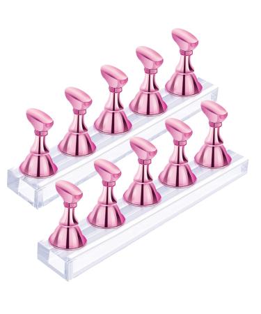 2 Sets Acrylic Nail Display Stand Magnetic Nail Tip Practice Holders Training Fingernail Nail Art Stands For Salon Home Nail Holder For Painting Nails Manicure Tools (Metal Pink)