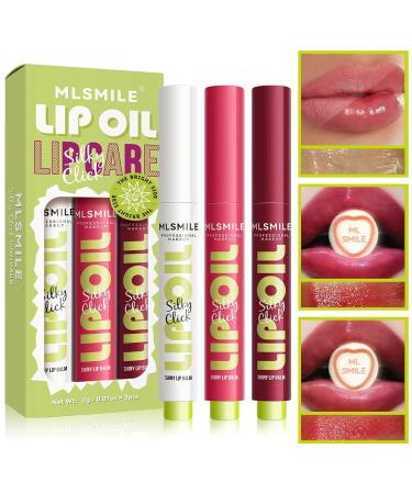 3 Colors Fat Lip Oil Click Slick Moisturizing Lip Balm High Pigment Glow Lip Oil Lightweight and Glossy Lip Plumper with Coconut Oil (Set A)