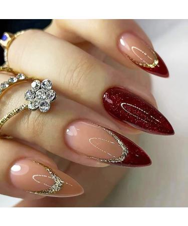 French Tip Press on Nails Medium Almond Fake Nails Full Cover Acrylic Nails Wine Red False Nails with Glitter Design Glossy Glue on Nails Red Artificial Nails Stick on Nails for Women and Girls 24Pcs A5