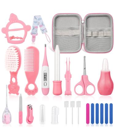23Pcs Baby Healthcare and Grooming Kit modacraft Baby Safety Set with Baby Hair Brush Nail Clippers Lighting Ear Cleaner Baby Stuff Newborn Essentials for Nursery Newborn Baby Girls Boys Kids Pink Pink a