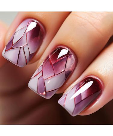 Square Press on Nails Glossy False Nails Short Length Acrylic Nails Geometry Fake Nails Purple and White Glue on Nails with Broken Glass Design Stick on Nails Full Cover Nails for Women 24 Pcs