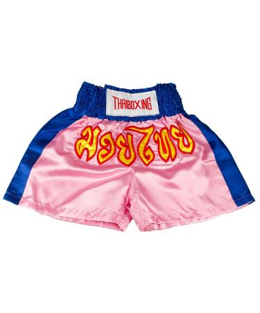 LOFBAZ Kid Muay Thai Boxing Shorts Kick Boxing Trunks Satin Size 2XS-M Small Pink & Blue