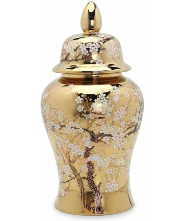 Decorative Gold Ginger Jar Flora Bird Vases with Lid Large Ceramic Ginger Jar for Home D cor Chinese Porcelain Temple Jars Decorative Storage Jar for Living Room ()