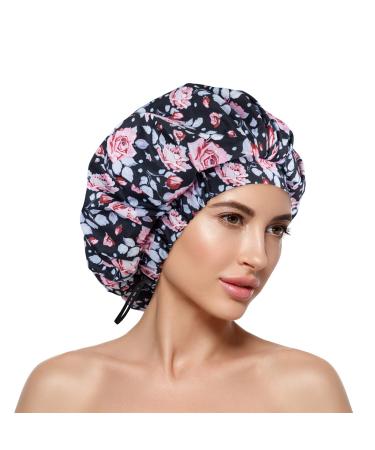 Reusable Shower Cap for Women Long, Curly, and Short Hair Waterproof Adjustable Washable Large Bathing Hair Cap for Girls, Comfortable Microfiber Lined Shower Hat for Facial Care, Baths (Large) L Black