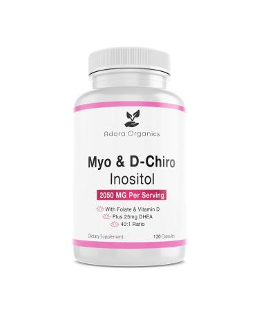 Adora Organics Myo& D-Chiro Inositol Supplement, with Folate and Vitamin D, 40 to 1 Ratio, Includes DHEA, Helps in Hormone Balance, Ovarian Function, 2050mg per Serving, 120 Capsules