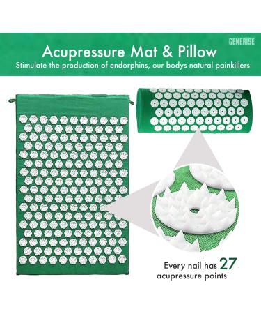 Generise Acupressure Mat and Pillow Set for Men & Women - Pain Relief for Back, Neck, and Muscles - Includes Travel Bag - Green with White Spikes - Buy Online on GoSupps.com