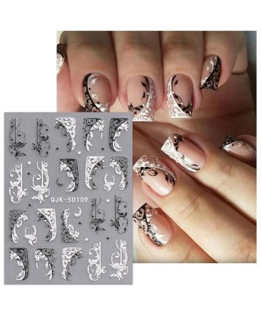 JMEOWIO 3D Flower Nail Art Stickers | Black & White Self-Adhesive Decals | 4 Sheets of 5D Lace & Leaves Design Accessories - Buy Online on GoSupps.com