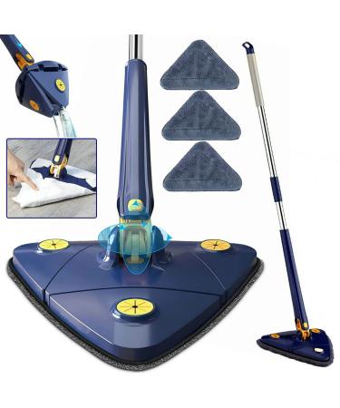 360 Rotatable Adjustable Cleaning Mop Extendable Triangle Mop with Long Handle Hand Twist Quick Dry Mop Multifunctional Microfiber Wet and Dry Mop for Floor Wall with 3 Replacement Pads Blue