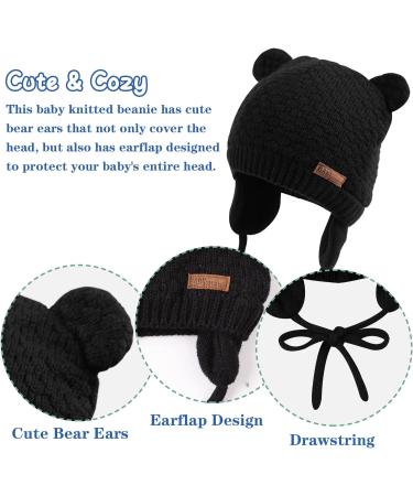 XIAOHAWANG Baby Earflap Beanie Hat - Cute Bear Infant Toddler Girl Boy Knit Beanies, Autumn Winter 18-36 Months, Black - Buy Online on GoSupps.com