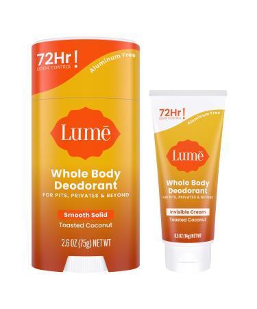 Lume Whole Body Deodorant - Invisible Cream Tube Mini and Solid Stick Bundle - 72 Hour Odor Control - Aluminum & Baking Soda Free Skin Loving (Toasted Coconut)