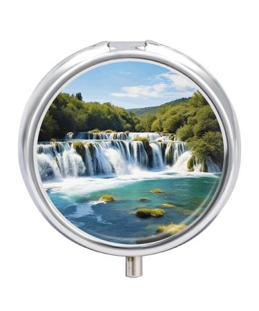 Pill Box Pill Case 3 Compartment Travel Pill Box Waterfalls on Krka River Printing Small Pill Box Portable Medicine Pill Case Pill Organizer for Purse & Pocket for Travel Handbag (Round)
