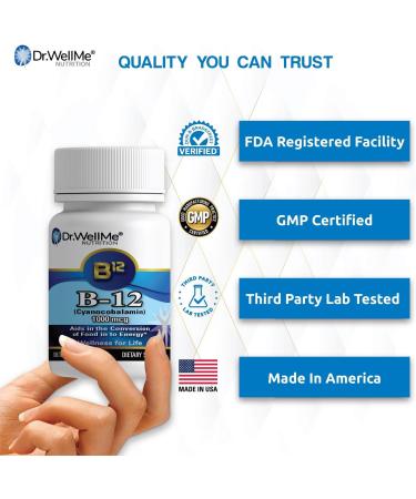 Dr.WellMe B-12 1000 mcg Vitamin Tablets 100 Tablets High-Potency Cyanocobalamin for Maintain Energy Non-GMO Vegan Metabolism Health GMP-Certified - Buy Online on GoSupps.com