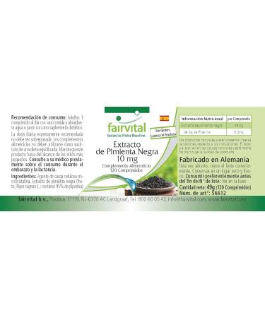 Fairvital | Black pepper extract 10 mg - 120 tablets - 95% piperine - For 4 months - 100% vegan - Tested quality - Made in Germany - Buy Online on GoSupps.com