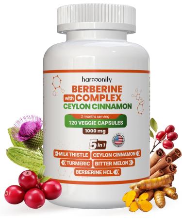 HARMONIFY Berberine Supplement with Ceylon Cinnamon Milk Thistle Turmeric Bitter Melon Complex 120 Capsules 1000 mg Vegan Non-GMO