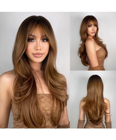 N NAYASA Light Brown Wigs for Women Brown Wig with Bangs 24  Ombre Brown Wig with Dark Roots Long Layered Wig Heat Resistant Synthetic Wig Natural Looking Wigs for Daily Party Use