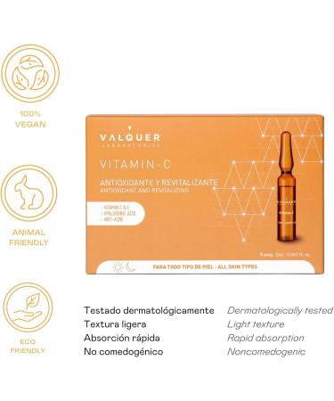 Vitamin C Facial Ampoules by Valquer Laboratorios. Facial Serum. Antioxidant and Revitalizing. All Skin Types. With Hyaluronic Acid. Anti-Acne - 5 Pcs X 2 Ml - Buy Online on GoSupps.com