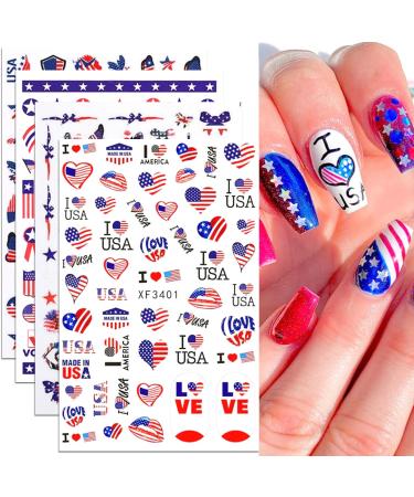 8 Sheets 4th of July Nail Stickers 3D Self-Adhesive American Independence Day Parade Nail Decal Nail Art Decoration Supplies National Flag Star Butterfly Heart Shape Design for Women Nail Art Accessories Parade Decoratio...