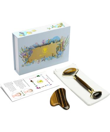 Sodacoda Gua Sha Set - Traditional Chinese Beauty Face Massage with Tiger Eye Semi-Precious Stone Scraper and Roller - Buy Online on GoSupps.com