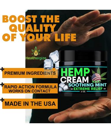 Healthergize Natural Hemp Cream - Extreme Relief with Soothing Mint - Moisturizer for Inflammation, Knees, Back, Joint, Muscle, Nerve Discomfort - Made in USA - Buy Online on GoSupps.com