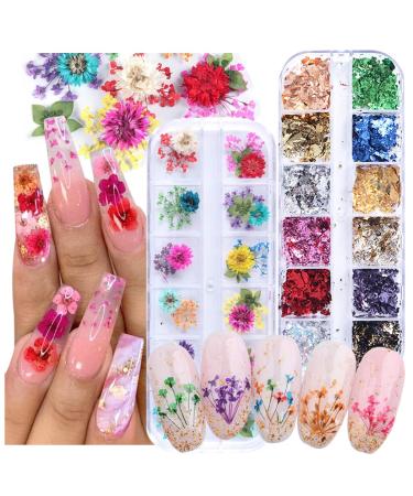 12 Grids Dried Flowers for Nail Art 12 Grids Foil Nail Chip Glitter 3D Nail Art Sticker Dry Flowers Mini Real Natural Flowers Leaves Nail Art Supplies Mixed Accessories Holographic Nail Foil Sequins
