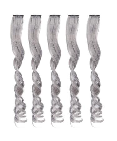 Hair extension clip-ins 5 pieces of colored party highlights colorful clip-in hair extensions curly wave hair part clip for children girls women (white tea gray)