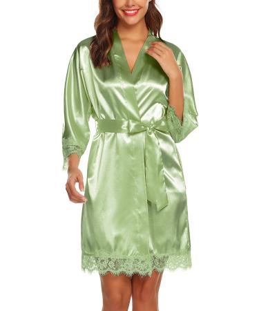BESDEL Women's Satin Silk Bathrobe Oblique V-Neck Short Kimono Robe Bridesmaids Robe 3XL Light Green