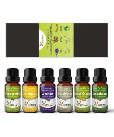 100% Pure Therapeutic Grade Essential Oils 6 x10 mL Gift Set for Aromatherapy and Massage use in Diffuser Lavender Eucalyptus Sandalwood Sweet Orange Lemon Grass and Peppermint.