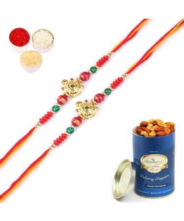 Ghasitaram Gifts Rakhis Online for Brother- Set of 2-6059 Rakhi Thread with 100 GMS of Dryfruits Mix Can 2 Rakhi with 100 gms of Dryfruits Mix Can