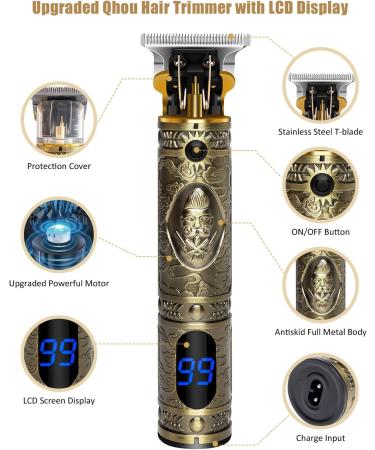 Qhou Upgraded T Blade Hair Trimmer for Men - Cordless Electric Hair Clippers & Beard Shaver with Limit Combs & LED Display - Premium Bronze Finish | International Shipping Available - Buy Online on GoSupps.com