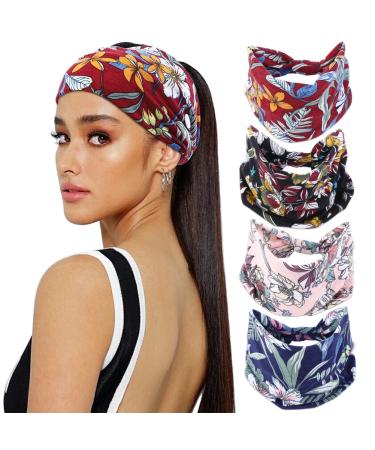 AKDSteel 4pcs Boho Headbands with Button Wide Nurse Mask Hair Band Elastic No Slip Fashion Sports Headwear Yoga Ear Saver Workout Headwrap Hair Styling Accessories for Women Girls for Sports Traveling Party Set 5