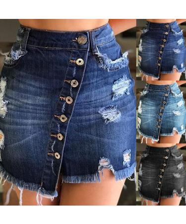 Sanahy Women's Front Split Frayed Mini Denim Pencil Skirt - Dark Washed Button Front Distressed Jean Short Skirt - Buy Online on GoSupps.com