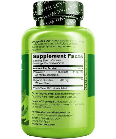 NATURELO Vegan B12 1000 mcg Methylcobalamin with Organic Spirulina - 90 Capsules - Supports Mood, Energy, Heart & Eye Health - Buy Online on GoSupps.com