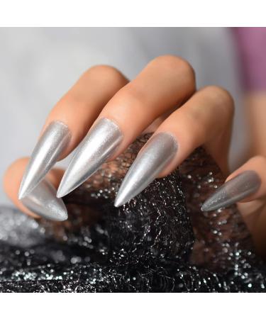 Long Stiletto Silver Glitter Press On Nails - High Gloss Reusable Acrylic Full Cover Fake Nails Kit (24 Pieces) - International Shipping Available - Buy Online on GoSupps.com