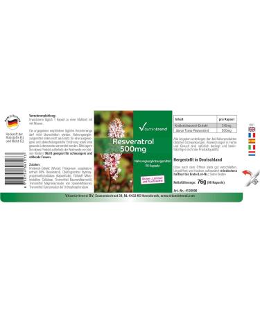 Resveratrol 500mg - 90 Vegan Capsules | High Dosage Knotweed Extract | Vitamintrend - International Shipping Available - Buy Online on GoSupps.com