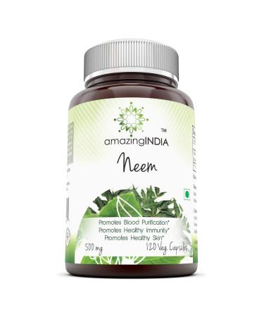 Amazing India Neem(Made with Organic Neem Leaf)500 mg 120 Veggie Capsules (Non-GMO,Gluten Free) Raw, Vegetarian-Plant-Based NutritionPromotes Blood Purification,Healthy Immunity&Healthy Skin