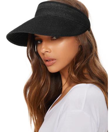 FURTALK Womens Sun Visor Hat Straw Sun Visors for Women Summer Packable Ponytail Beach Hats for Women Travel UPF 50+ A Black One Size