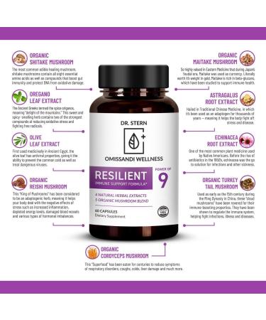 OMISSANDI-WELLNESS Resilient - Natural Immune System Support - Dr. Ian Stern Formulated - to boost your defenses - W/Organic Mushroom Blend Echinacea Astragalus & More - Vegan - Made in USA- 60 Caps - Buy Online on GoSupps.com