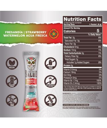 Salud 2-in-1 Energy and Focus Drink Powder  Strawberry Watermelon - 15 Servings  Organic Caffeine  B6 + B12  Theanine  Clean Energy Agua Fresca Mix  Non-GMO  Gluten Free  Vegan  Low Calorie - Buy Online on GoSupps.com