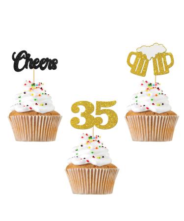 RoadSea Cheers to 35 Years Cupcake Toppers - Thirty AF Theme 35th Birthday Party Cupcake Supplies - Women Men Birthday - 35th Wedding Anniversary Party Dessert Decorations - 24 PCS Glitter