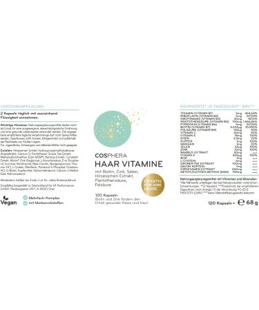 Cosphera Haar-Vitamine - Hochdosis Biotin Selen & Zink f r Normales Haar | 120 Vegane Kapseln 2 Monate Vorrat mit Fols ure & Hirseextrakt - Buy Online on GoSupps.com