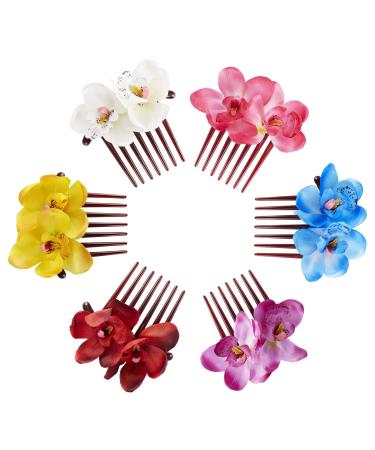 6 Pack Super Large Artificial Orchid Flower Floral Plastic Hair Side Combs Clips With Teeth Hairpins Grips Barrettes Clamps Bows for Women Wedding Decorative Holiday Party Headpiece Twist Accessories