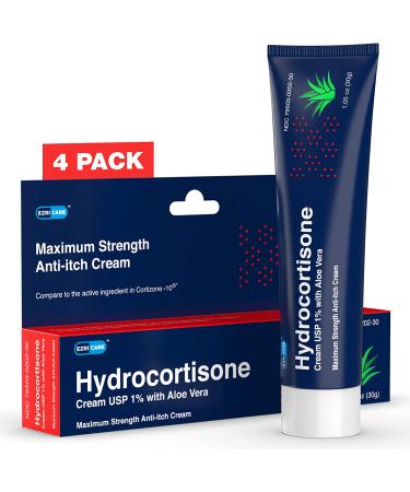 EzriCare Hydrocortisone Cream with Aloe Vera - 1% Anti-Itch Relief for Rash, Allergy, Psoriasis, Eczema - 1.05 oz - 4 Pack - Buy Online on GoSupps.com