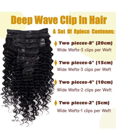 Tahikie 20 Deep Wave Clip in Hair Extensions - Brazilian Remy Human Hair - Natural Black (1B) - 120g - 8Pcs Double Weft with 18 Clips - Thick to Ends - Real Human Hair for Women - Buy Online on GoSupps.com